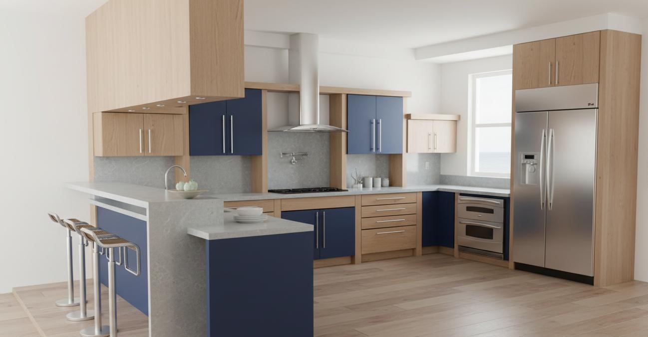 Kitchen renovation design rendering — blue palette and matte finishes
