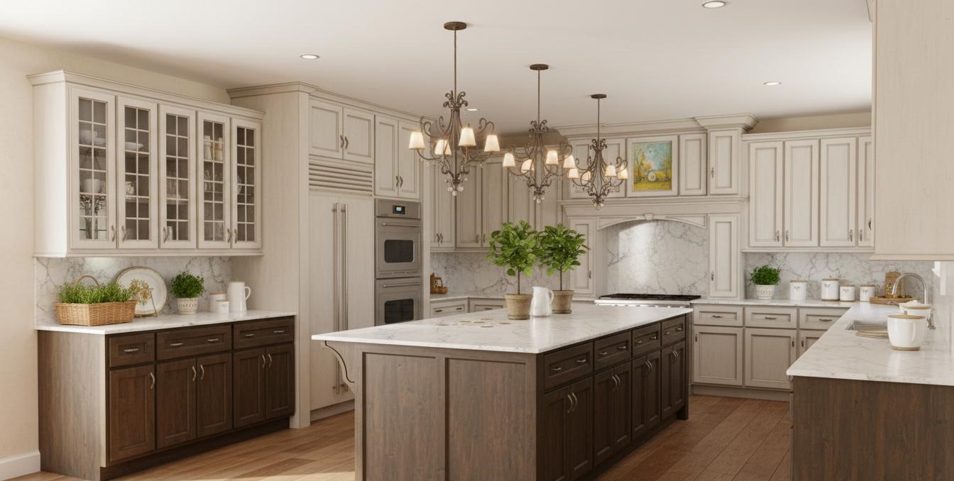 Kitchen renovation design rendering — dark walnut palette and accent lighting