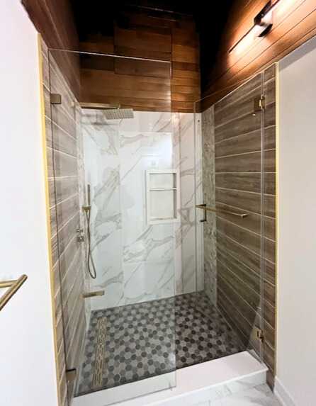 wood paneling shower accent wall shower with