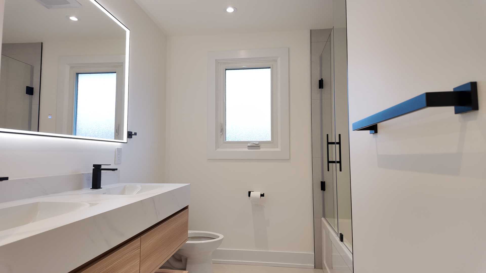 Floating vanity with white MDF tower, 24"*48" beige gray tile,