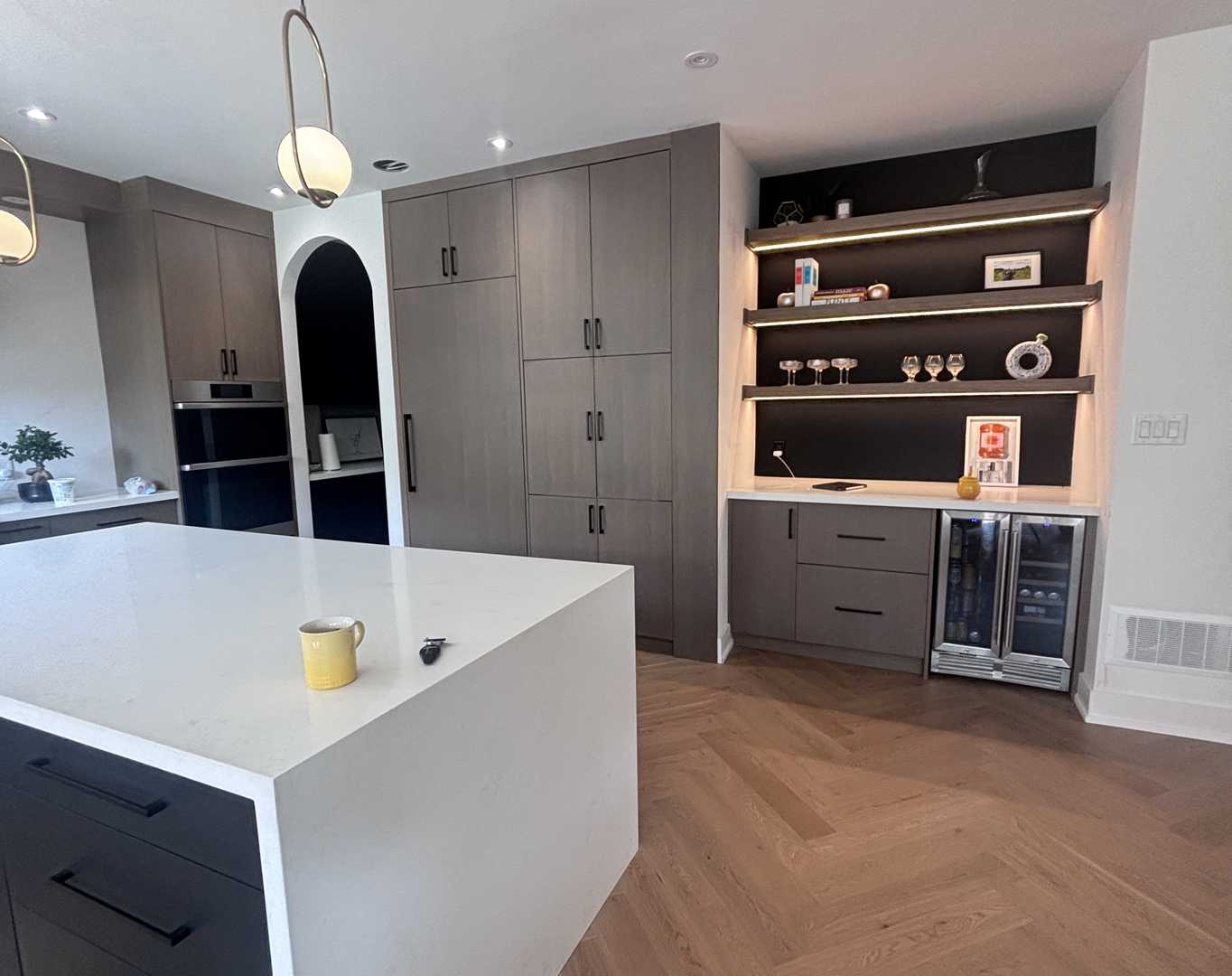 Veneer stain with black mdf spray painting hood, black island,